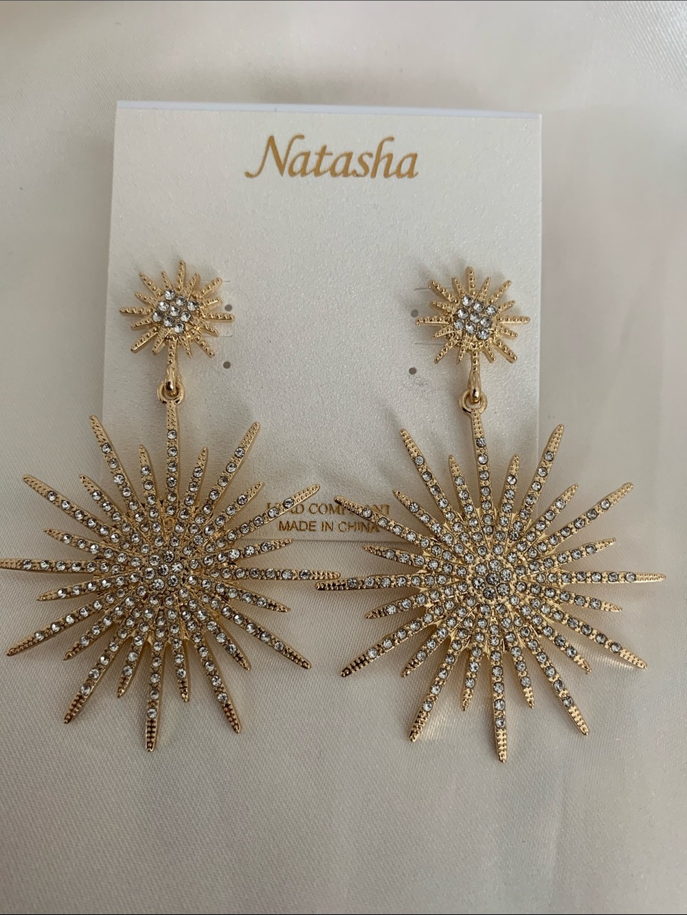 Natasha Couture Gold Crystal Starburst Drop Earrings - Gold Tone